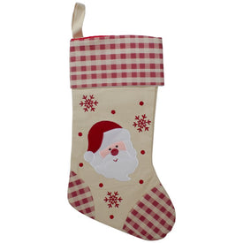 16.5" Red and Ivory Embroidered Santa Claus Christmas Stocking with Gingham Cuff
