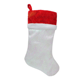 22.25" White Iridescent Glittered LED Lighted Christmas Stocking with Red Cuff