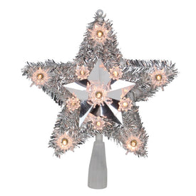 9" Silver Tinsel Star Christmas Tree Topper with Clear Lights
