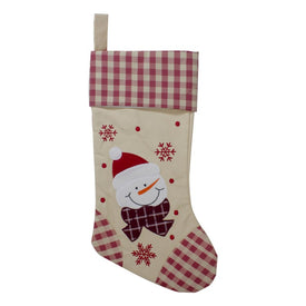 17" Red and Beige Burlap Embroidered Snowman Christmas Stocking with Red Gingham Cuff