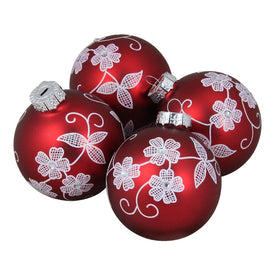 3.25" Red and White Floral Ball Christmas Ornaments Set of 4