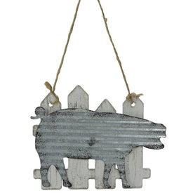 7" Country Rustic Pig and White Picket Fence Christmas Ornament