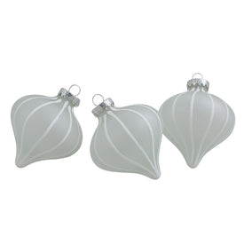 3.25" Clear and White Matte Frosted Glitter Stripes Glass Onion Drop Christmas Ornaments Set of 3