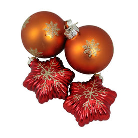 4.25" Shiny Red Stars and Amber Orange Balls Glass Christmas Ornaments Set of 4