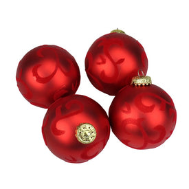 2.75" Matte Red Flocked Flourish Shatterproof Ball Christmas Ornaments Set of 4