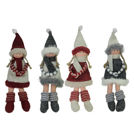 12" Red and Gray Girls with Scarves Christmas Doll Ornaments Set of 4"