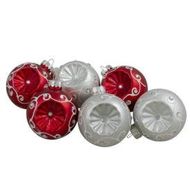 3.25" Red and Silver Retro Reflector Matte Glass Ball Christmas Ornaments Set of 6
