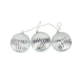 Lighted Silver Mercury Glass Finish Ribbed Ball Christmas Ornaments with Clear Light Set of 3