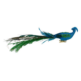 15.25" Blue and Green Glittered Peacock Clip-on Christmas Ornament