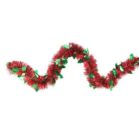 12' Unlit Shiny Red Christmas Tinsel Garland with Green Holly Leaves