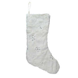 18" White Faux Fur Christmas Stocking with Silver Sequined Snowflakes