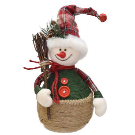 14.5" Green and Red Plaid Snowman with Broom Tabletop Christmas Figurine