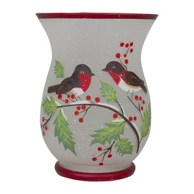 8" Handpainted Finches and Pine Flameless Glass Candle Holder