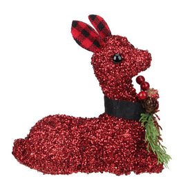 6.5" Red Embellished Sitting Reindeer Decoration with Buffalo Plaid Ears