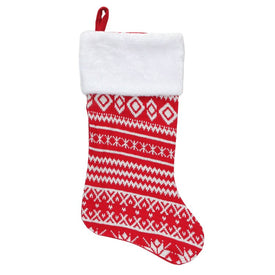 22" Red and White Rustic Lodge Knit Christmas Stocking with Cuff