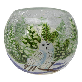 4" Handpainted Owl and Pine Trees Glass Tealight Christmas Candle Holder