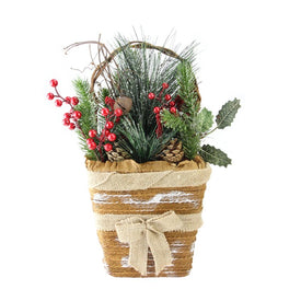 13.5" Brown and Green Frosted Pine Cones Artificial Christmas Basket