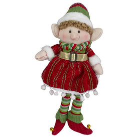 14" Red and Green Plush Jingle Bell Girl Elf Christmas Figure
