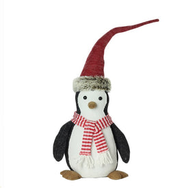 16" Black and White Penguin Striped Scarf and Santa Hat Christmas Figure