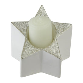 4" White and Champagne Gold Glittered Star Pillar Candle Holder