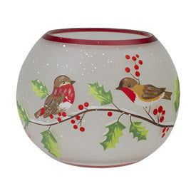 5" Handpainted Finches and Pine Flameless Glass Candle Holder