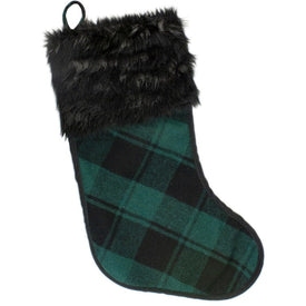 19" Green and Black Plaid Christmas Stocking with Faux Fur