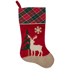 20.5" Red and Green Plaid Christmas Stocking with a Pine Tree and Moose