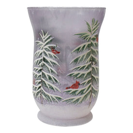 8" Handpainted Pine and Birds Flameless Glass Christmas Candle Holder