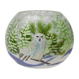 6" Handpainted Owl and Pine Trees Glass Flameless Christmas Candle Holder