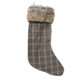 17.5" Gray and Brown Plaid Christmas Stocking with Cuff