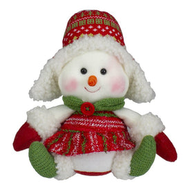 8" Red and Green Sitting Snowman Girl Christmas Figure