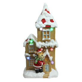 21.25" White and Brown Pre-Lit LED House with Reindeer Santa Musical Christmas Tabletop Decor