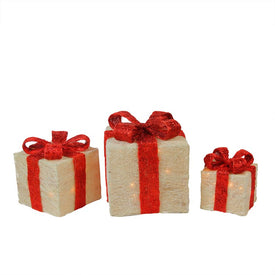 Lighted White and Red Sisal Gift Boxes Outdoor Christmas Decorations Set of 3