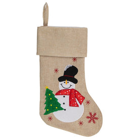 19" Burlap Standing Snowman With a Tree and Snowflakes Christmas Stocking
