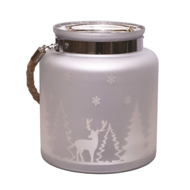 8" Silver Matte Winter Scene Christmas Pillar Candle holder Lantern