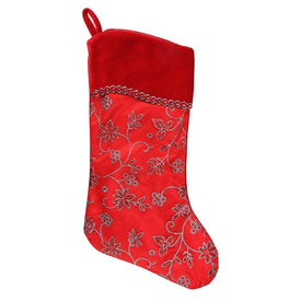 20.5" Red and Silver Glittered Floral Shadow Cuffed Christmas Stocking