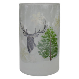10" Deer Pine and Snowflakes Handpainted Flameless Glass Christmas Candle Holder
