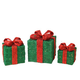10" Green and Red Pre-Lit Sisal Gift Boxes with Bows Outdoor Christmas Decor Set of 3
