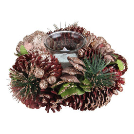 7.5" Pink and Gold Embellished With Glitter Pine Cone Christmas Votive Candle Holder