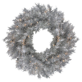 24" Silver Tinsel Artificial Christmas Wreath Clear Lights