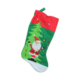 19" Green and Red Santa and Christmas Tree Stocking with Cuff