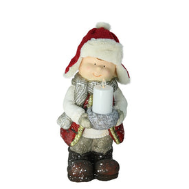 17" Red and White Standing Young Boy in Winter Ski Hat Holding Candle Christmas Figurine