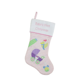 18.5" Pink and White " Baby's First Christmas" Embroidered Stocking