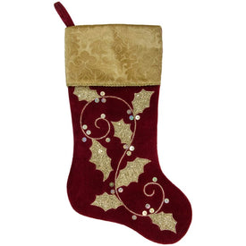 20.5" Velvet Gold and Maroon Etched Cuff Christmas Stocking