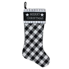 20.5" Black and White "Merry Christmas" Christmas Stocking with Blanket Stitch Cuff