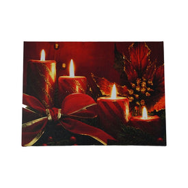 12" x 15.75" Red LED Lighted Glitter Striped Candles with Poinsettia and Bow Christmas Wall Art
