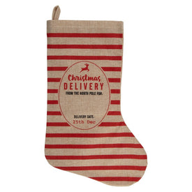 19" Beige and Red Striped "Christmas Delivery" Stocking With Loop