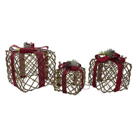 LED Rustic Rattan Christmas Gift Boxes with Pine Cones Set of 3