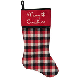 20.5" Red Black and White Plaid Christmas Stocking with Fleece Cuff