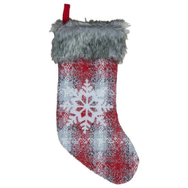 18" Red and White Plaid Faux Fur Christmas Stocking with Snowflake